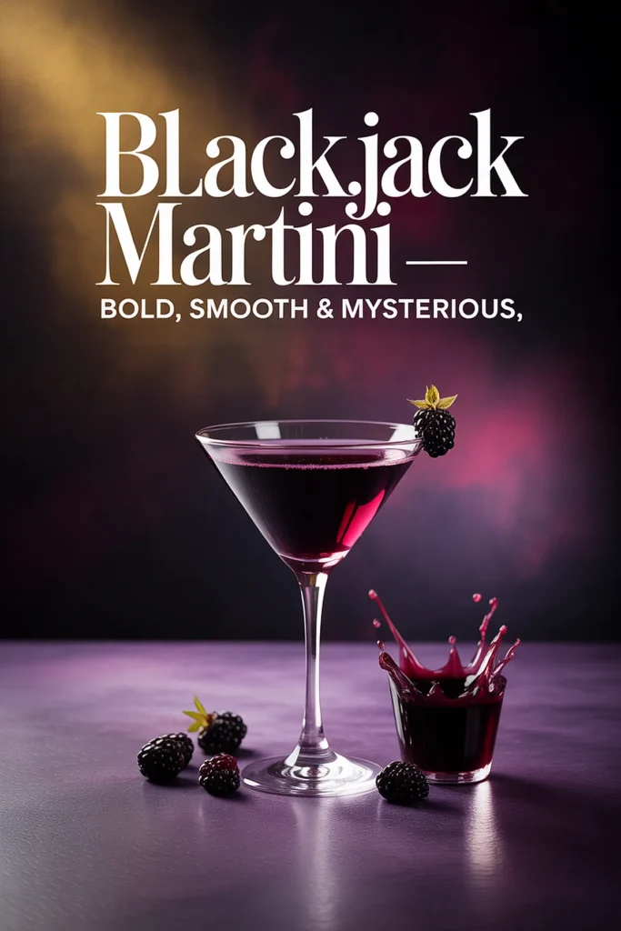 Blackjack Martini with blackberries on a purple surface, bold and mysterious atmosphere.