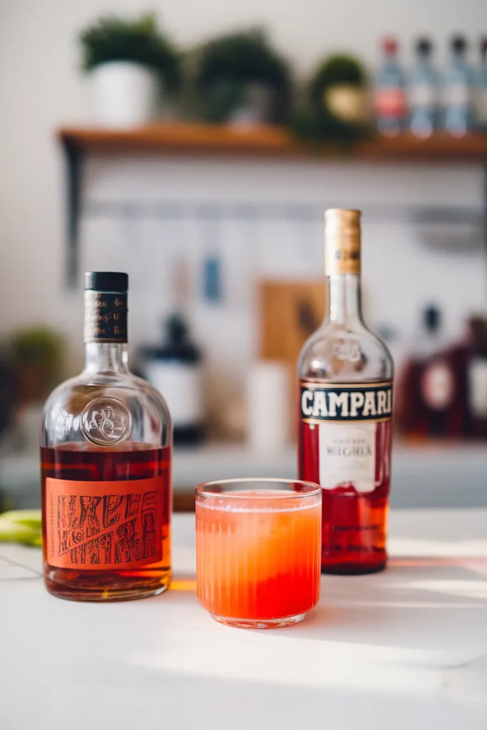 Glass of red cocktail on table with bottles in background, perfect for cocktail lovers and bar enthusiasts.