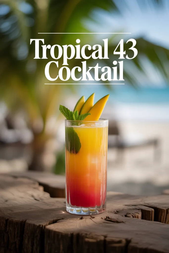 Tropical 43 Cocktail with mango slices and mint garnish on a wooden table by the beach.