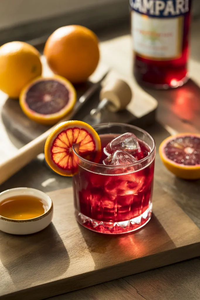 Red cocktail with ice and blood orange slice on wooden board, surrounded by fresh oranges and Campari bottle.