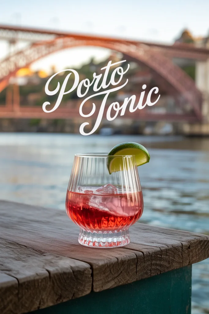 Glass of red cocktail with lime on a wooden table, bridge and water in the background, text Porto Tonic above.