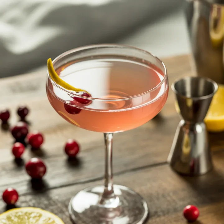 Cranberry cocktail in coupe glass with lemon peel garnish on wooden table, surrounded by fresh cranberries and lemon slice.