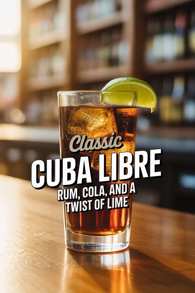 Classic Cuba Libre cocktail with rum, cola, and lime on a bar table, lit by warm sunlight.