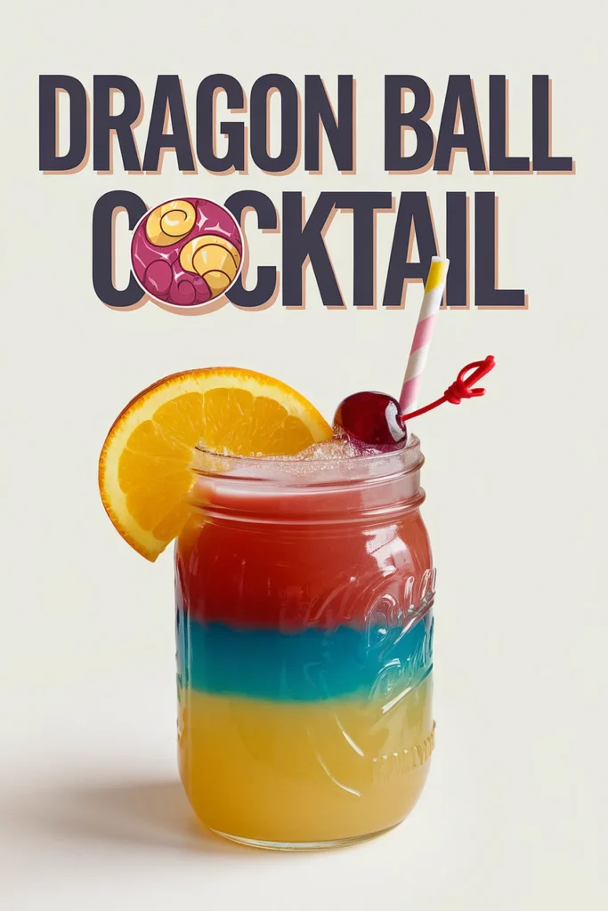 Colorful Dragon Ball cocktail in a jar with orange slice and cherry garnish.