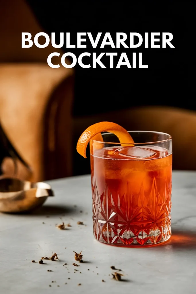 Elegant Boulevardier cocktail with orange garnish in a crystal glass on a marble surface.