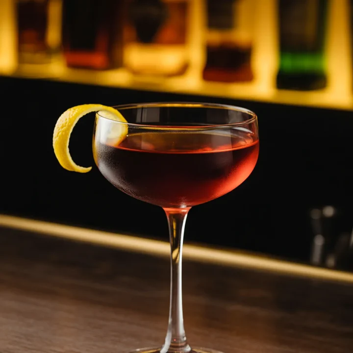 Elegant cocktail with lemon twist in a coupe glass, set against a dimly lit bar backdrop for a refined atmosphere.