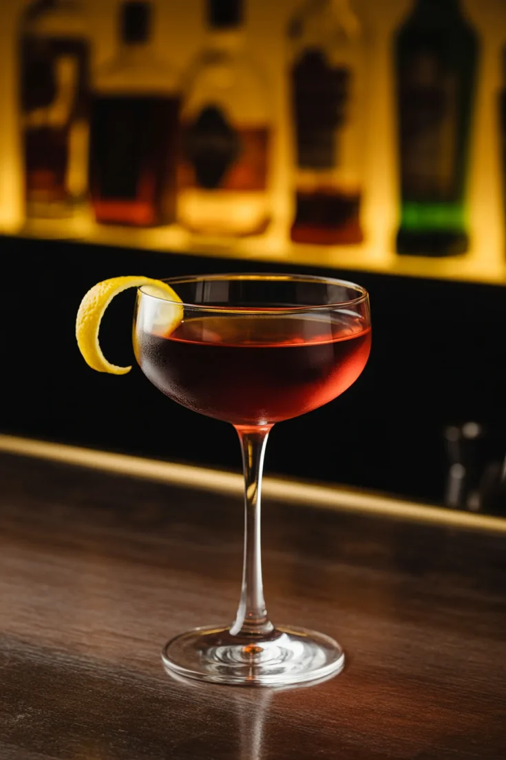 Elegant cocktail with lemon twist in a coupe glass, set against a dimly lit bar backdrop for a refined atmosphere.