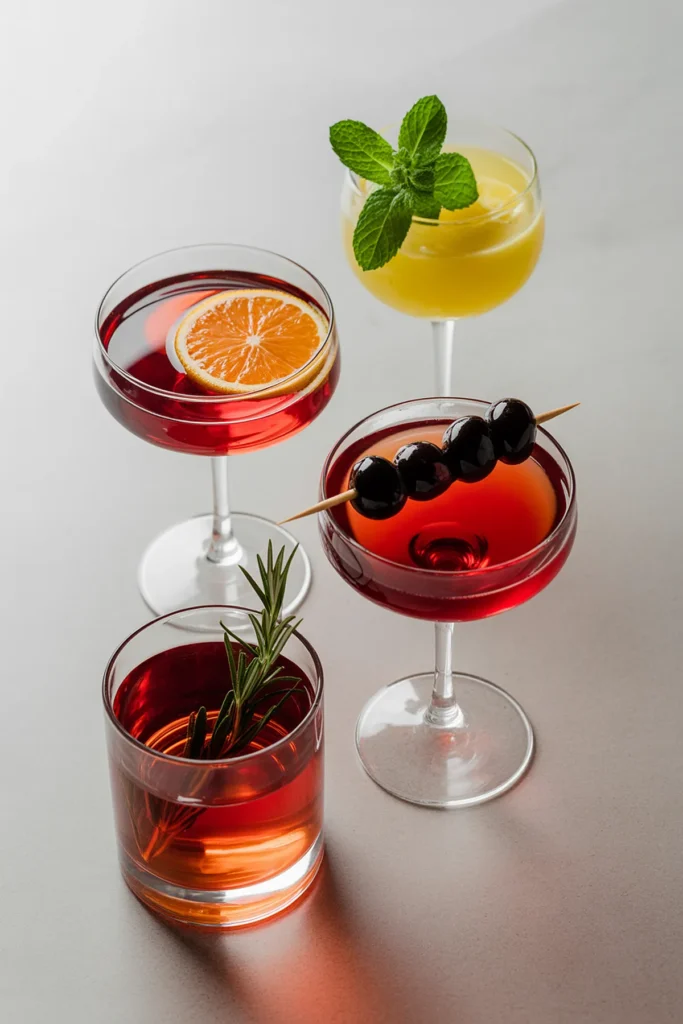 Cocktail garnish guide: Four elegant cocktails with vibrant garnishes: orange, mint, rosemary, and cherries, served on a sleek white surface.