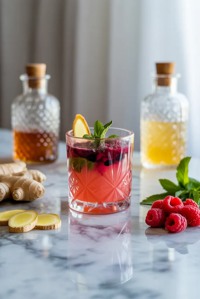 Mocktails vs cocktails. Colorful cocktail with raspberries and mint garnish on a marble counter, surrounded by ginger and glass bottles.