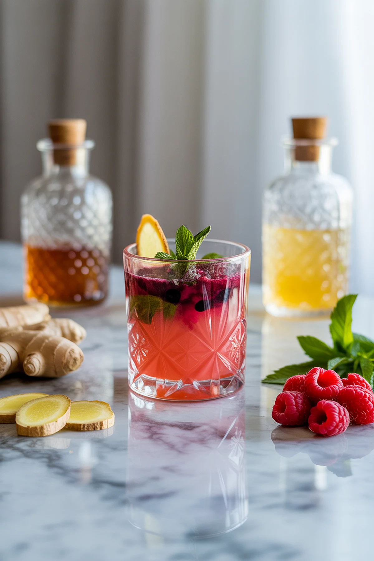 Mocktails vs cocktails. Colorful cocktail with raspberries and mint garnish on a marble counter, surrounded by ginger and glass bottles.