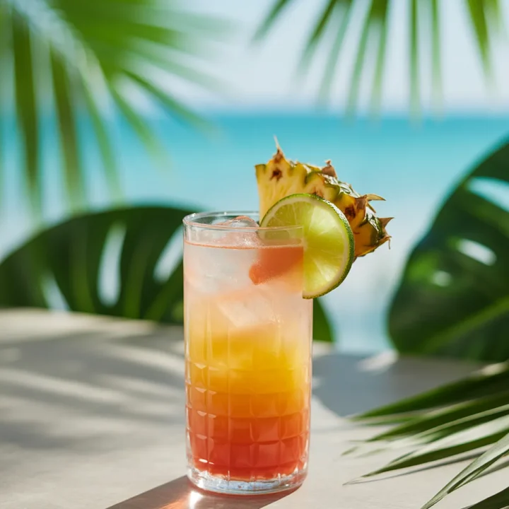 Tropical cocktail with pineapple and lime garnish by the beach, surrounded by palm leaves.