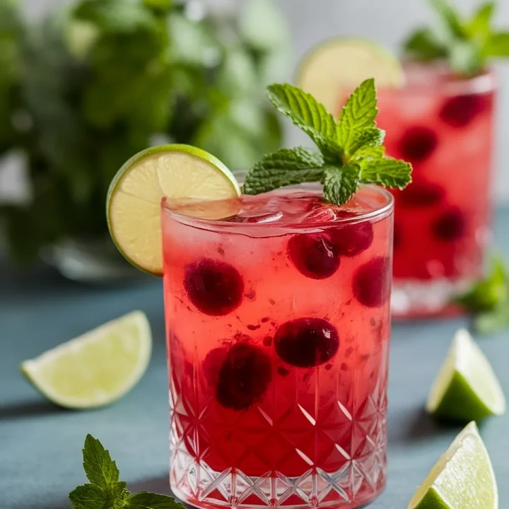 Refreshing cranberry mojito cocktail with lime and mint garnish in a glass, surrounded by lime wedges and mint leaves.