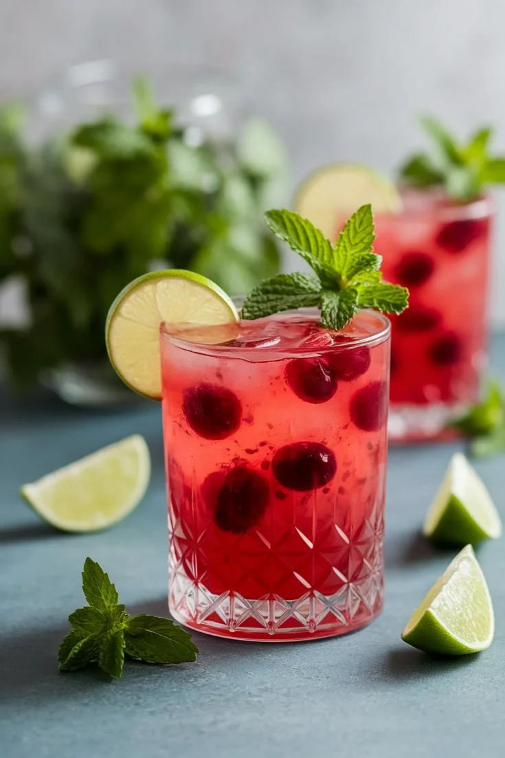 Refreshing cranberry mojito cocktail with lime and mint garnish in a glass, surrounded by lime wedges and mint leaves.