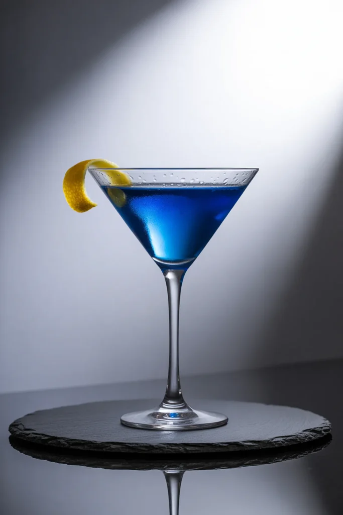 Blue cocktail in a martini glass with lemon twist garnish, on a slate with dramatic lighting.