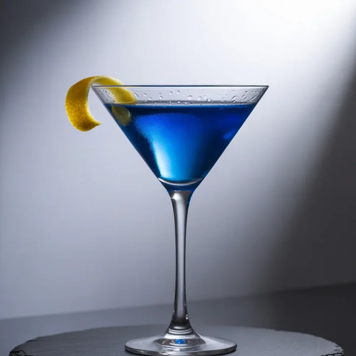 Blue cocktail in a martini glass with lemon twist garnish, on a slate with dramatic lighting.