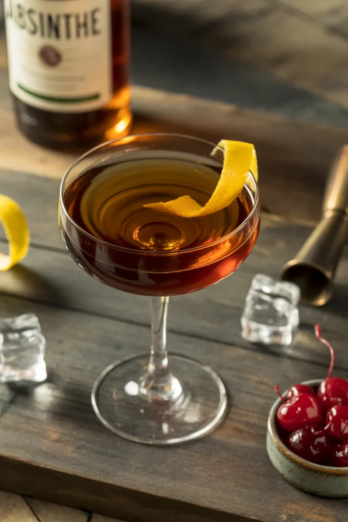 Elegant cocktail with lemon twist on wooden table, absinthe bottle and cherries in background.