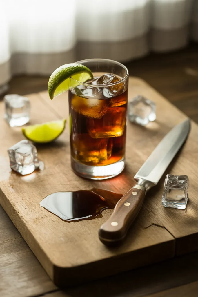 Glass of rum and cola with lime on a wooden board, surrounded by ice cubes and a knife.