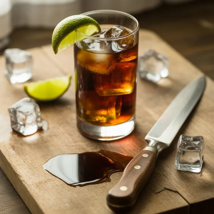 Glass of rum and cola with lime on a wooden board, surrounded by ice cubes and a knife.