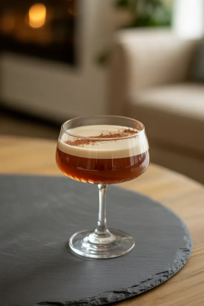 Elegant espresso martini garnished with chocolate shavings in a stylish glass on a wooden table.