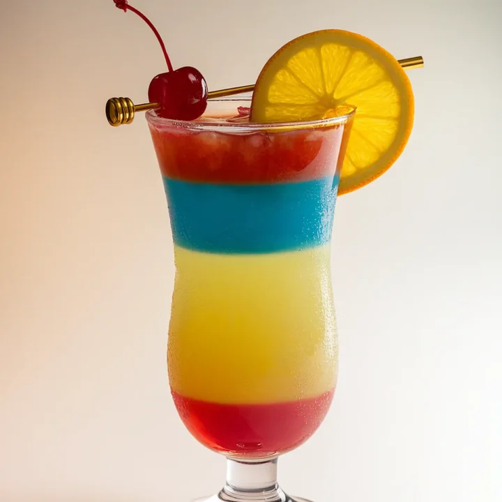 Colorful layered cocktail with red, blue, yellow hues, garnished with orange slice and cherry on a skewer.