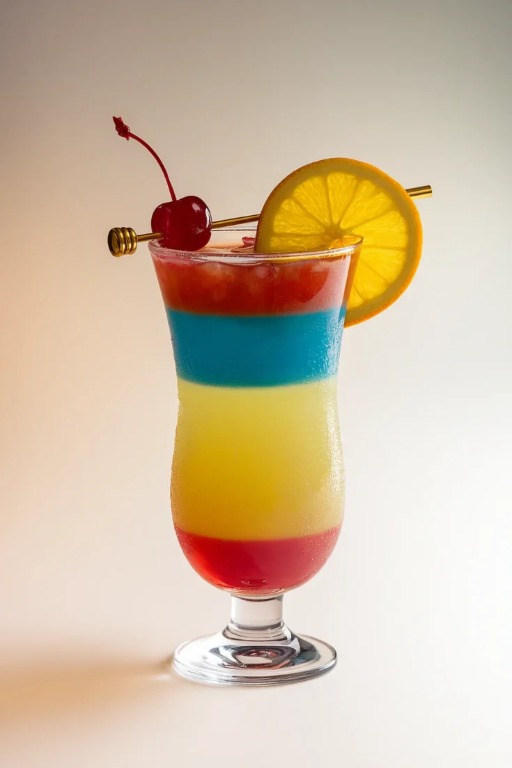Colorful layered cocktail with red, blue, yellow hues, garnished with orange slice and cherry on a skewer.