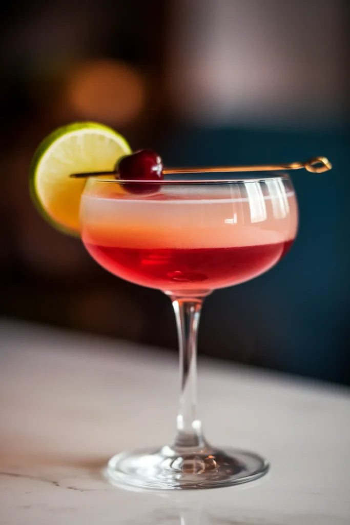 Colorful cocktail in a glass, garnished with lime and cherry, on a blurred background.