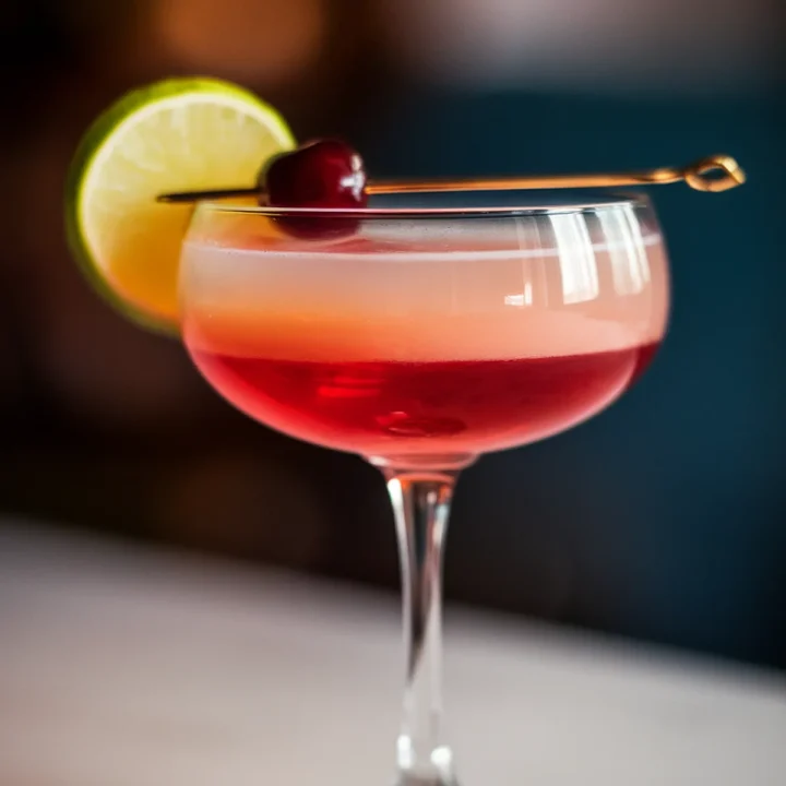 Colorful cocktail in a glass, garnished with lime and cherry, on a blurred background.