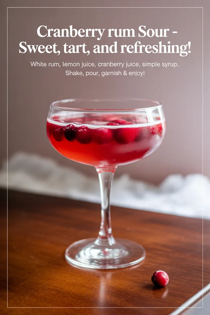 Refreshing cranberry rum sour cocktail in a coupe glass with cranberries garnish, perfect for a tart, sweet drink.