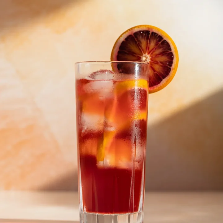 Chilled iced drink with blood orange slice on the rim, served in a glass, set against a warm background.