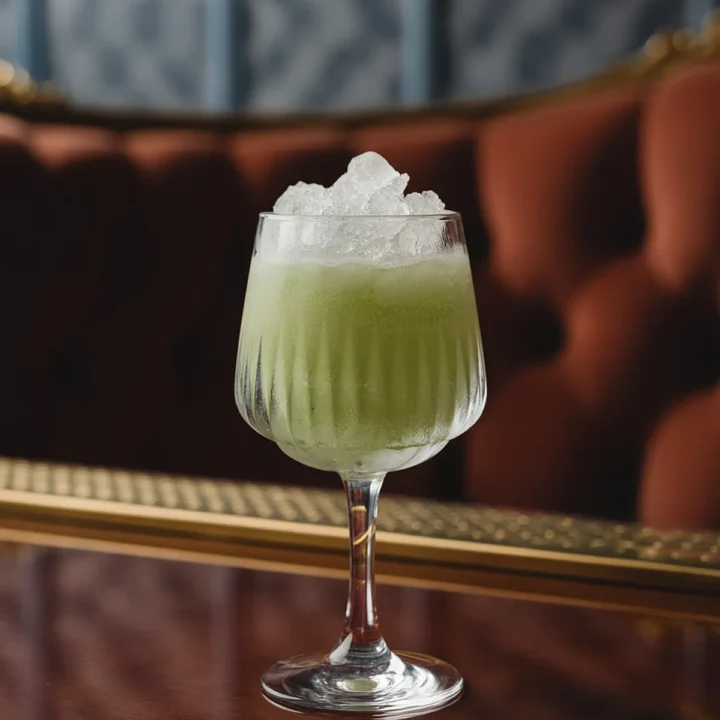 Green cocktail with ice in elegant glass on a wooden table, set against a luxurious, tufted sofa backdrop.