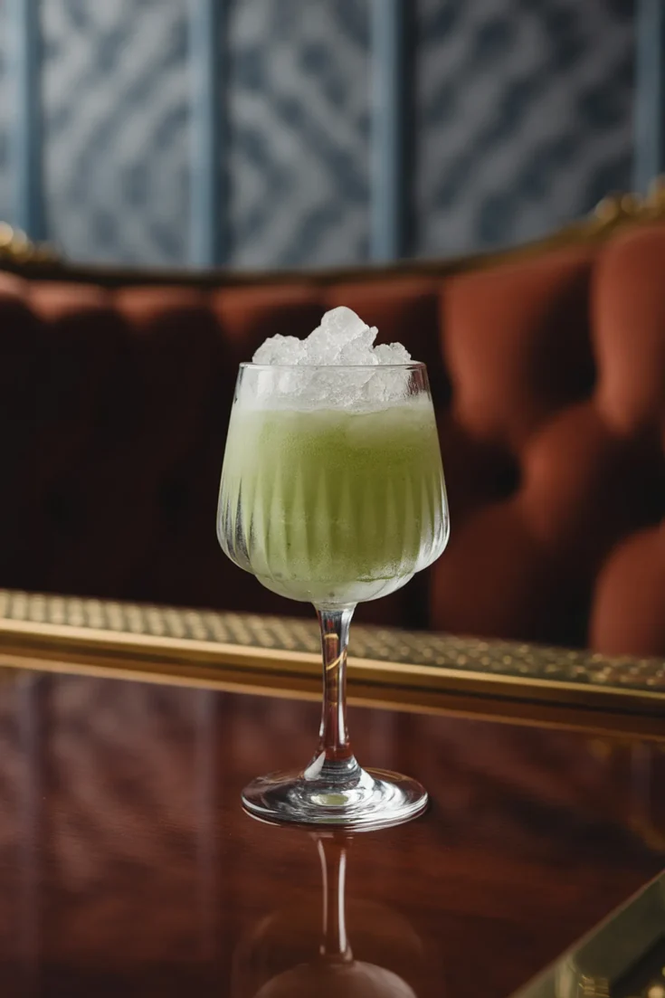 Green cocktail with ice in elegant glass on a wooden table, set against a luxurious, tufted sofa backdrop.