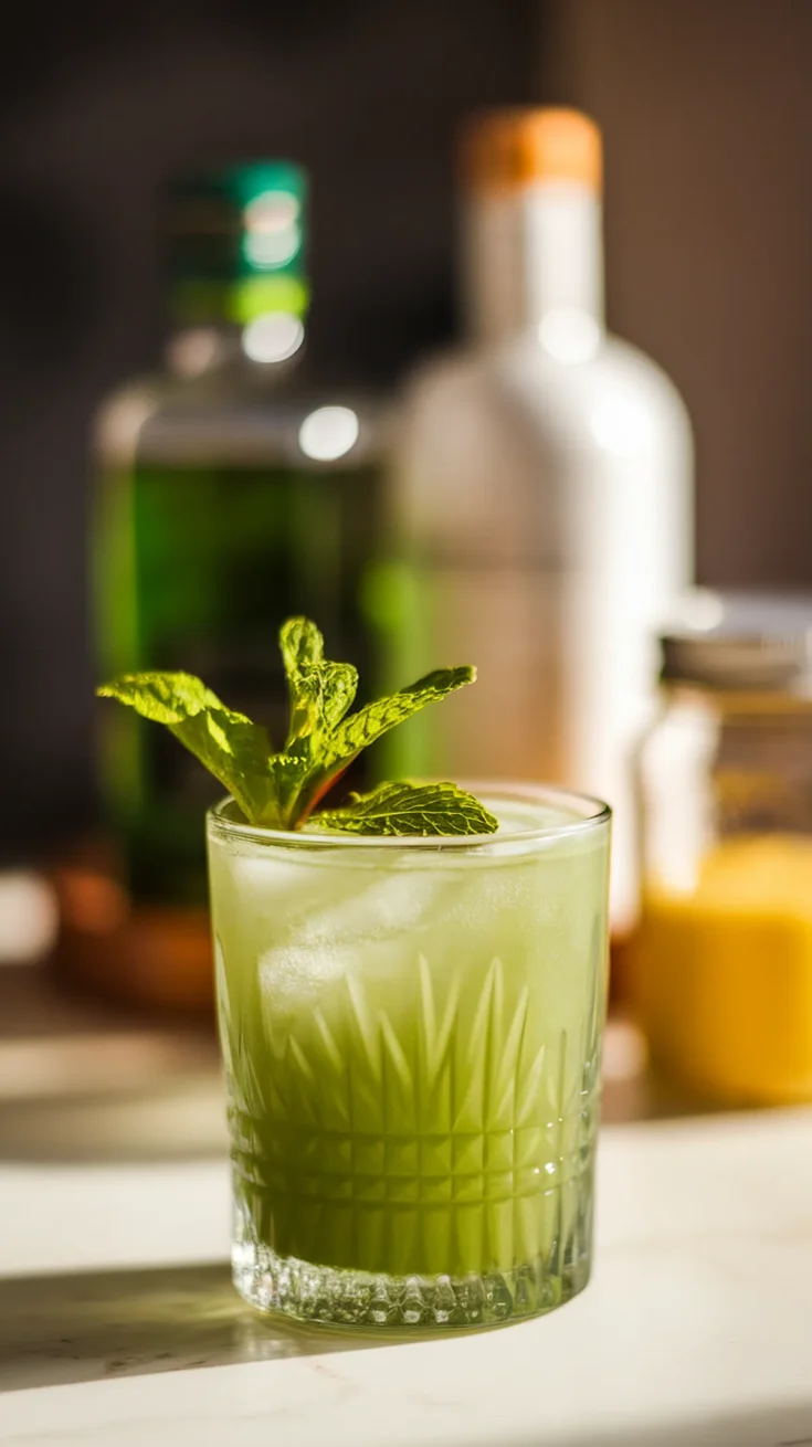 Refreshing green cocktail with mint leaves in a glass, ideal for summer and cocktail enthusiasts.
