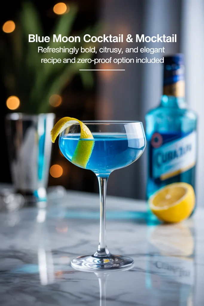 Blue Moon Cocktail with lemon garnish on a marble table, Curacao bottle in the background, ideal for elegant gatherings.