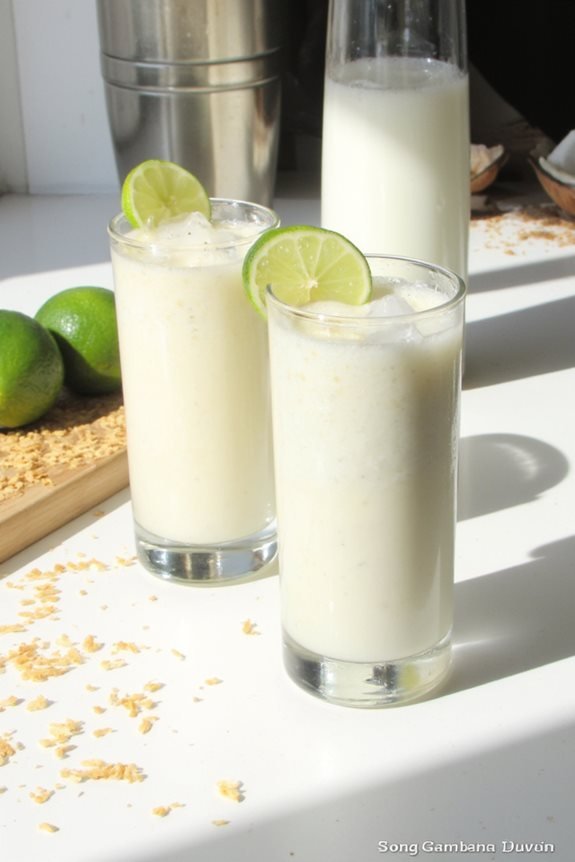 Two frothy milkshakes with lime garnish in sunlight, surrounded by fresh limes and cereal flakes. Refreshing summer drink.