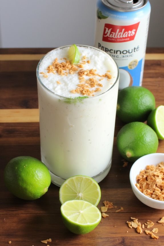 Creamy coconut milkshake garnished with lime and toasted coconut on a wooden table, next to fresh limes and a can.