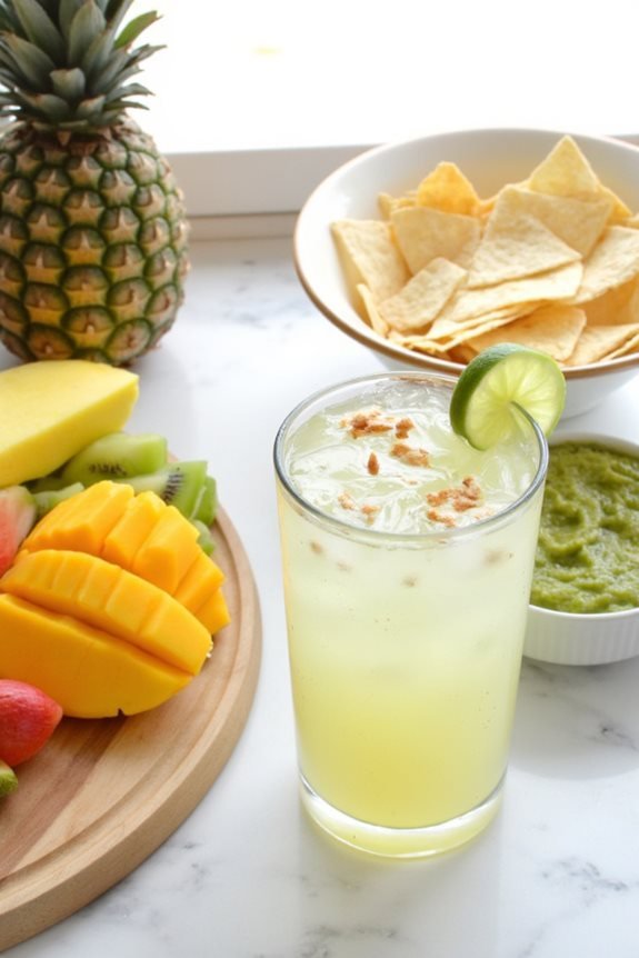 Refreshing lime drink with sliced tropical fruits and chips on a marble countertop, perfect for a summer snack.