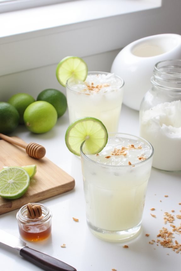 Refreshing lime coconut drink garnished with toasted coconut flakes and honey, perfect for a tropical summer day.