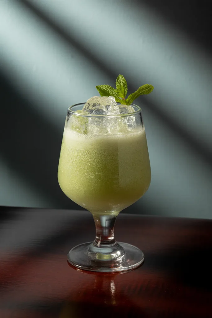 Refreshing green cocktail with ice and mint garnish in a clear glass, placed on a wooden table with soft lighting.