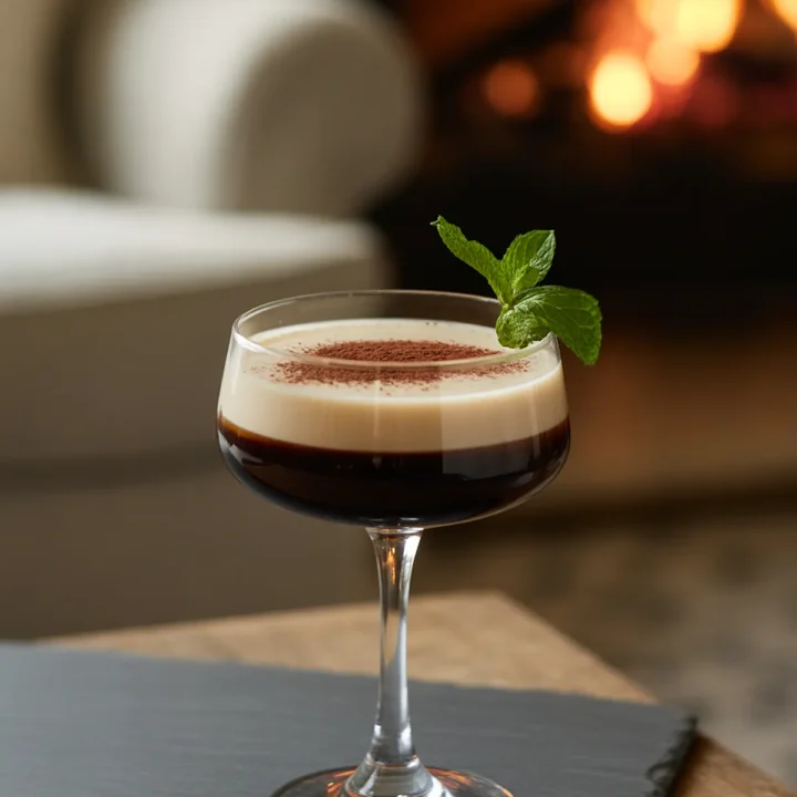 Elegant cocktail with mint garnish in a coupe glass by a cozy fireplace, on a slate coaster. Perfect for relaxation.