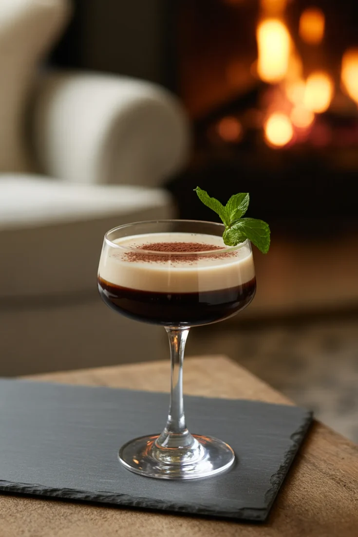 Elegant cocktail with mint garnish in a coupe glass by a cozy fireplace, on a slate coaster. Perfect for relaxation.