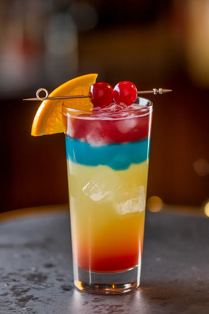 Vibrant layered cocktail with orange slice, cherries, and ice in a glass on a dark table. Refreshing summer drink.