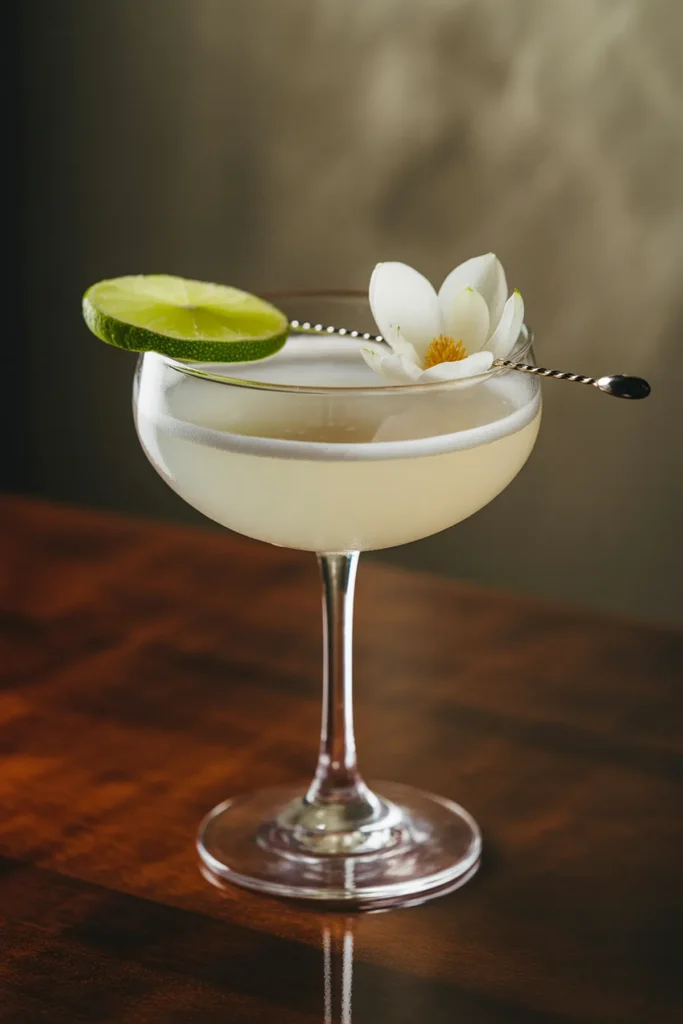 Elegant cocktail in a glass with lime slice, flower garnish, on wooden table.