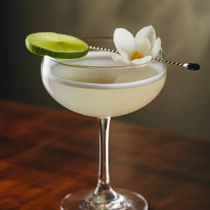 Elegant cocktail in a glass with lime slice, flower garnish, on wooden table.