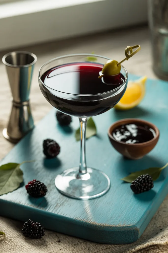 Elegant blackberry cocktail with olive garnish on a board, surrounded by blackberries and lemon.