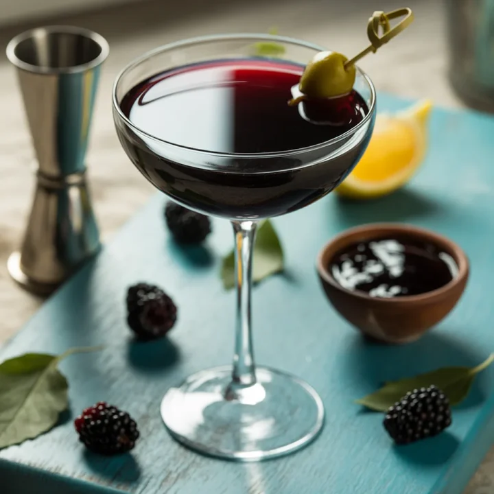 Elegant blackberry cocktail with olive garnish on a board, surrounded by blackberries and lemon.