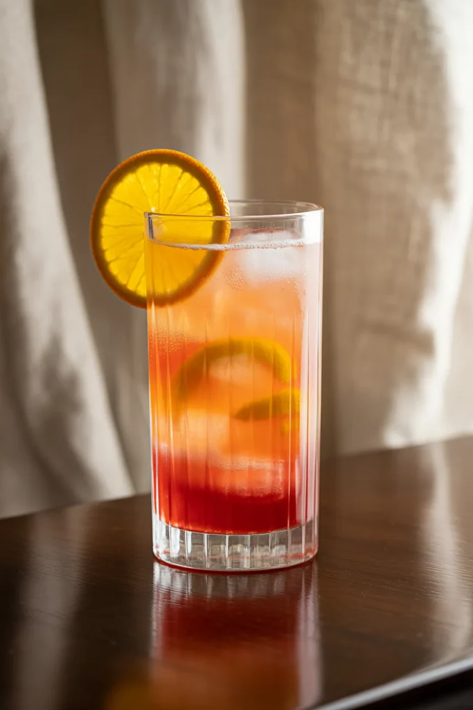 Refreshing orange cocktail with ice and a citrus slice on a wooden table, perfect for a summer drink.