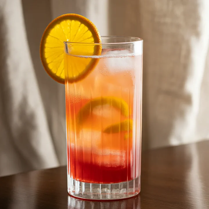 Refreshing orange cocktail with ice and a citrus slice on a wooden table, perfect for a summer drink.