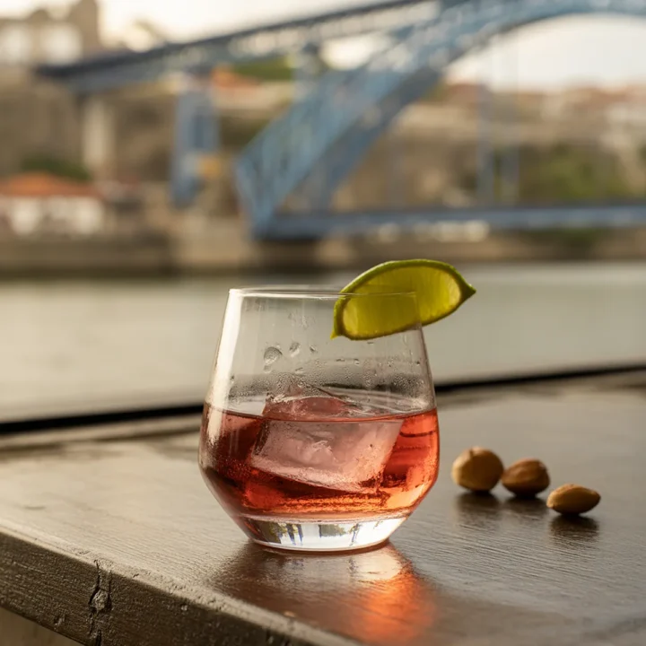 Chilled cocktail with lime on riverside table, bridge in background, afternoon ambiance.