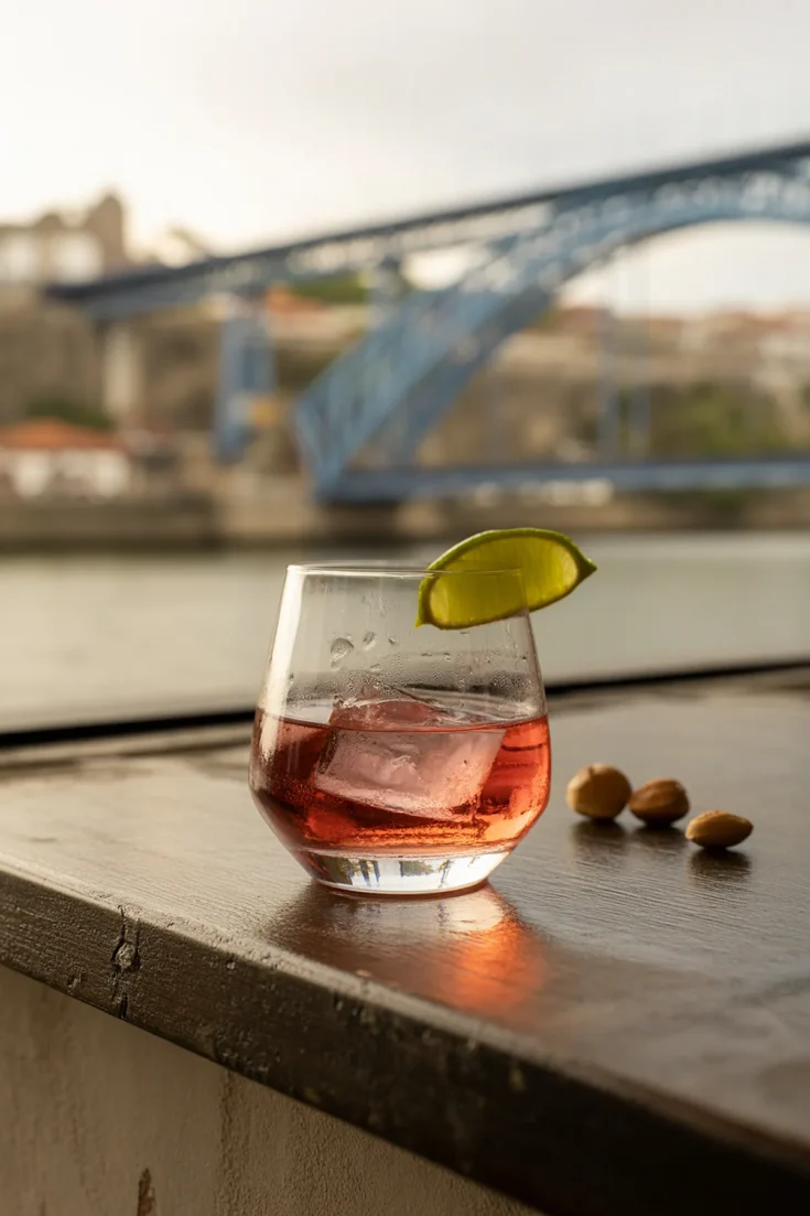 Chilled cocktail with lime on riverside table, bridge in background, afternoon ambiance.