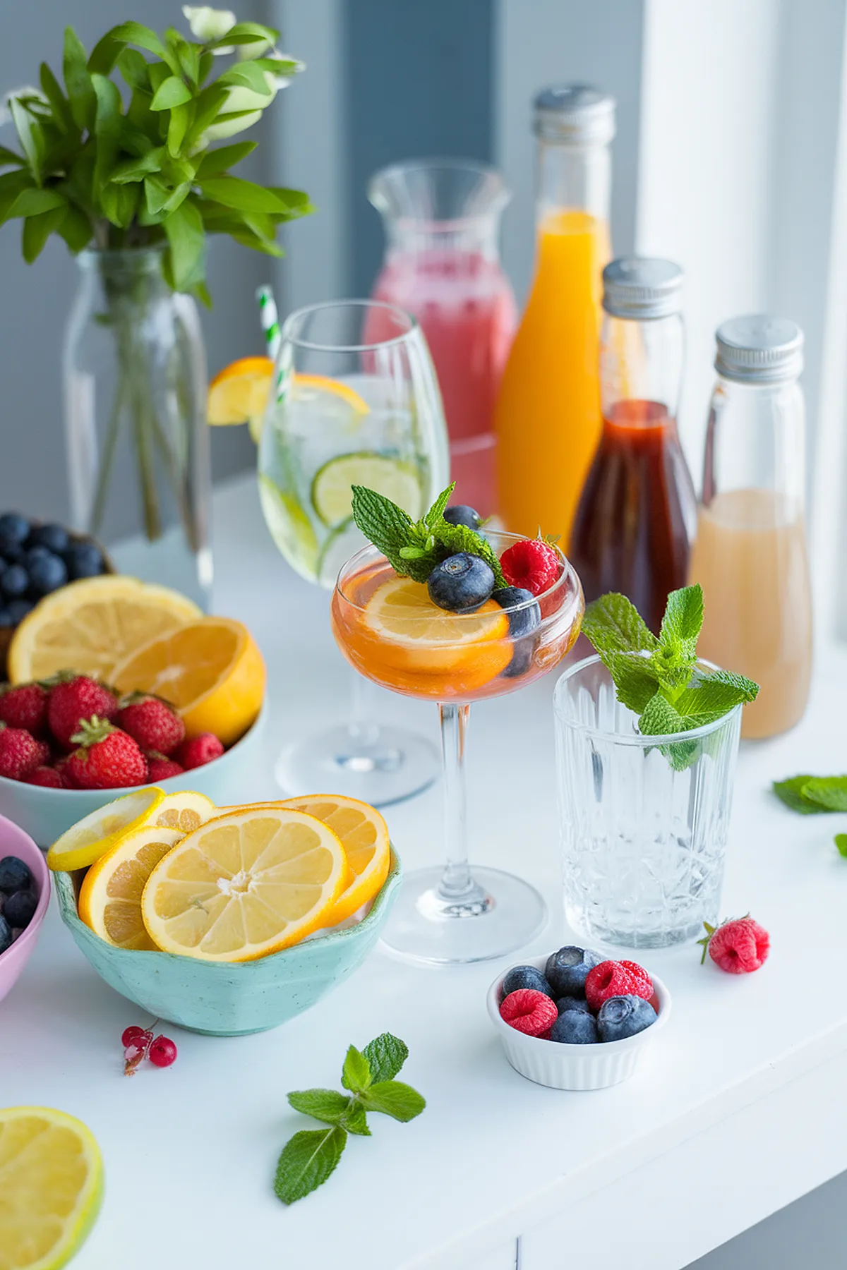 Fruit cocktails with fresh berries and citrus slices on a table adorned with juice bottles and mint leaves.
